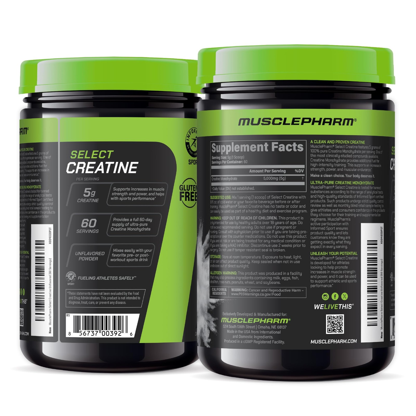 MusclePharm Creatine Monohydrate Powder Unflavored – 60 Servings