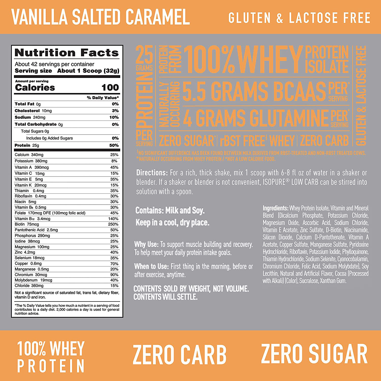 Isopure Zero Carb, 25g Protein, Whey Protein IsolateVanilla Salted Caramel, 3lb