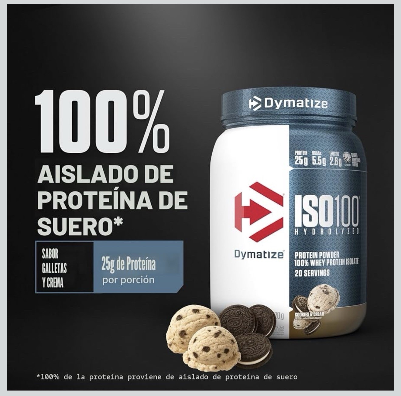 Dymatize ISO100 Hydrolyzed Whey Isolate Cookies & Cream 1.36lb 20Sv