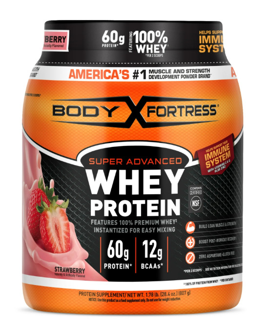 Body Fortress 100% Whey Protein, Strawberry, 60g Protein, 1.78 lb