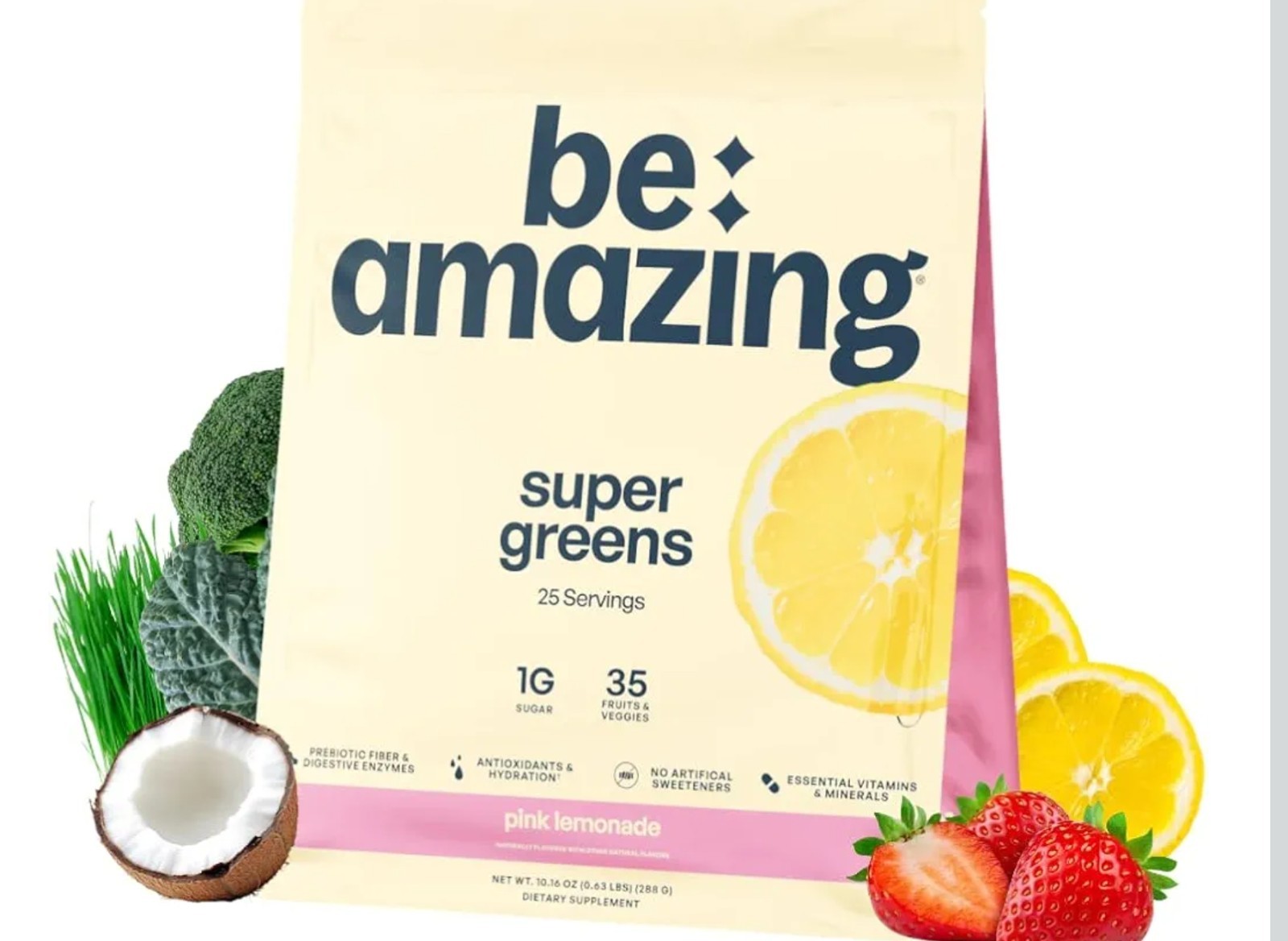 BE Amazing SUPER GREENS Powder 11 oz ( 25 Serv ) Natural Pink Lemonade 10/26