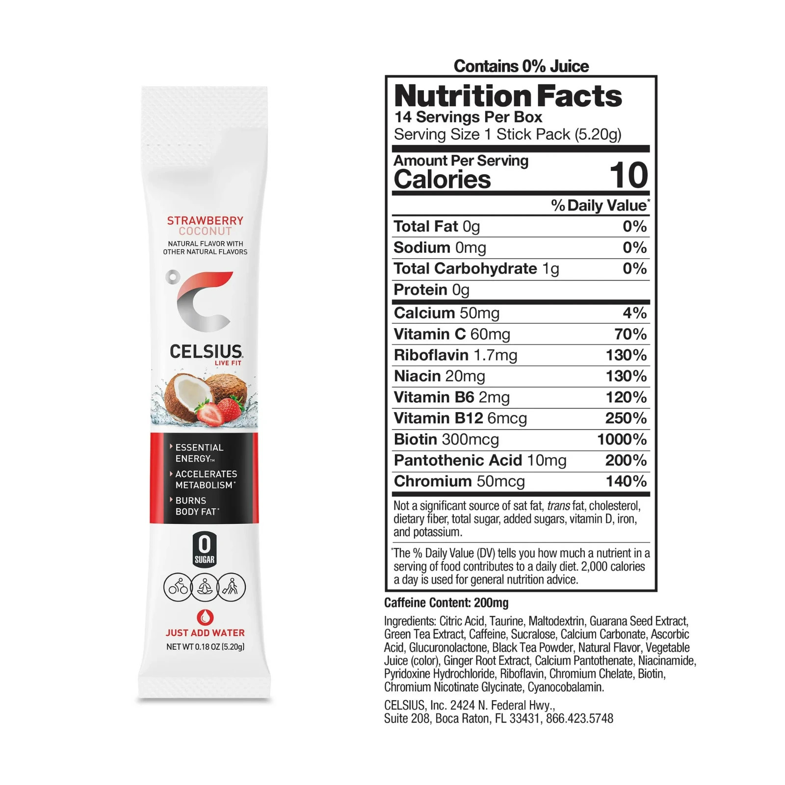 CELSIUS On The Go Energy Drink Mix, Strawberry Coconut (14 Stick Pack)