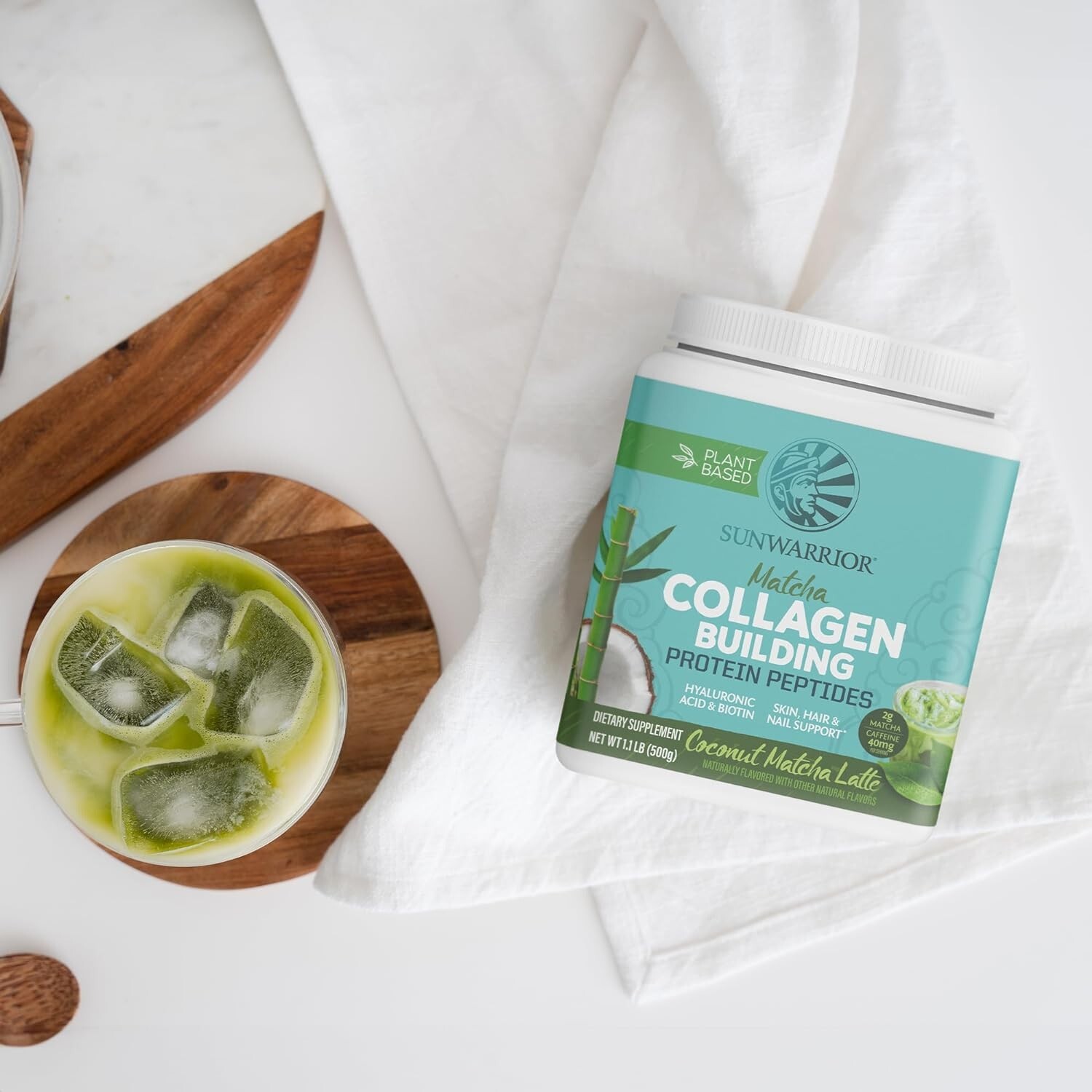Sunwarrior Vegan Matcha Collagen Building Powder Peptide Protein Biotin, 1.1 lb