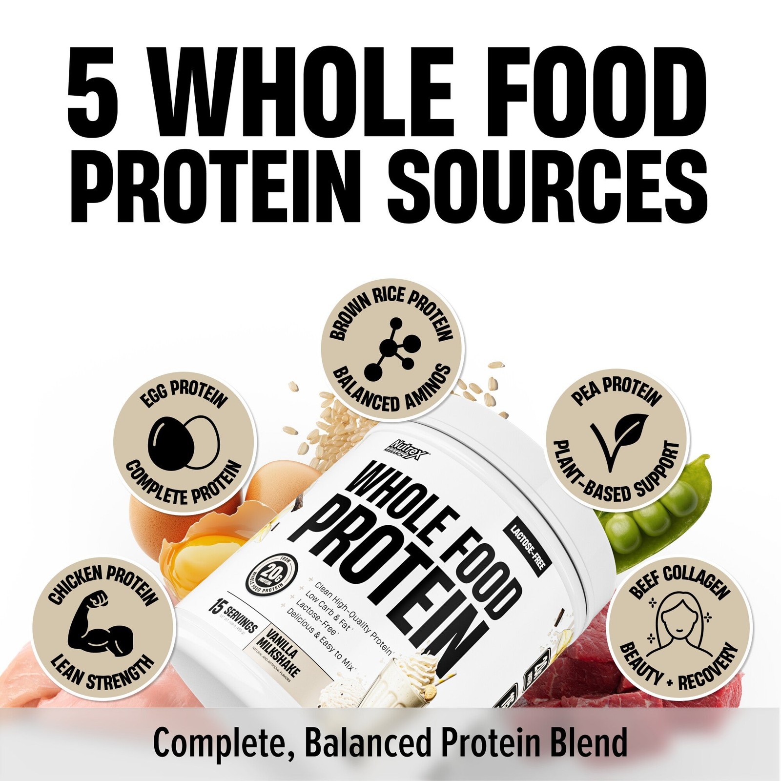 Nutrex WHOLE FOOD PROTEIN Blend – 20 Gm Protein 0 Sugar Lactose Free 15 Servings