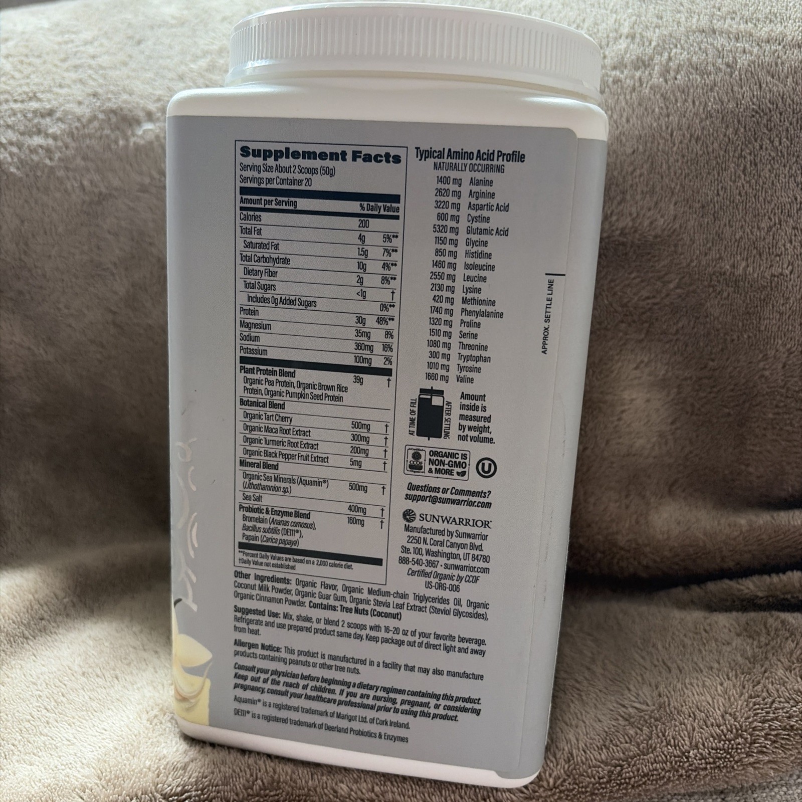 Sunwarrior Sport Organic Active Protein Vanilla 2.2lbs/1kg Exp6/26 No Return