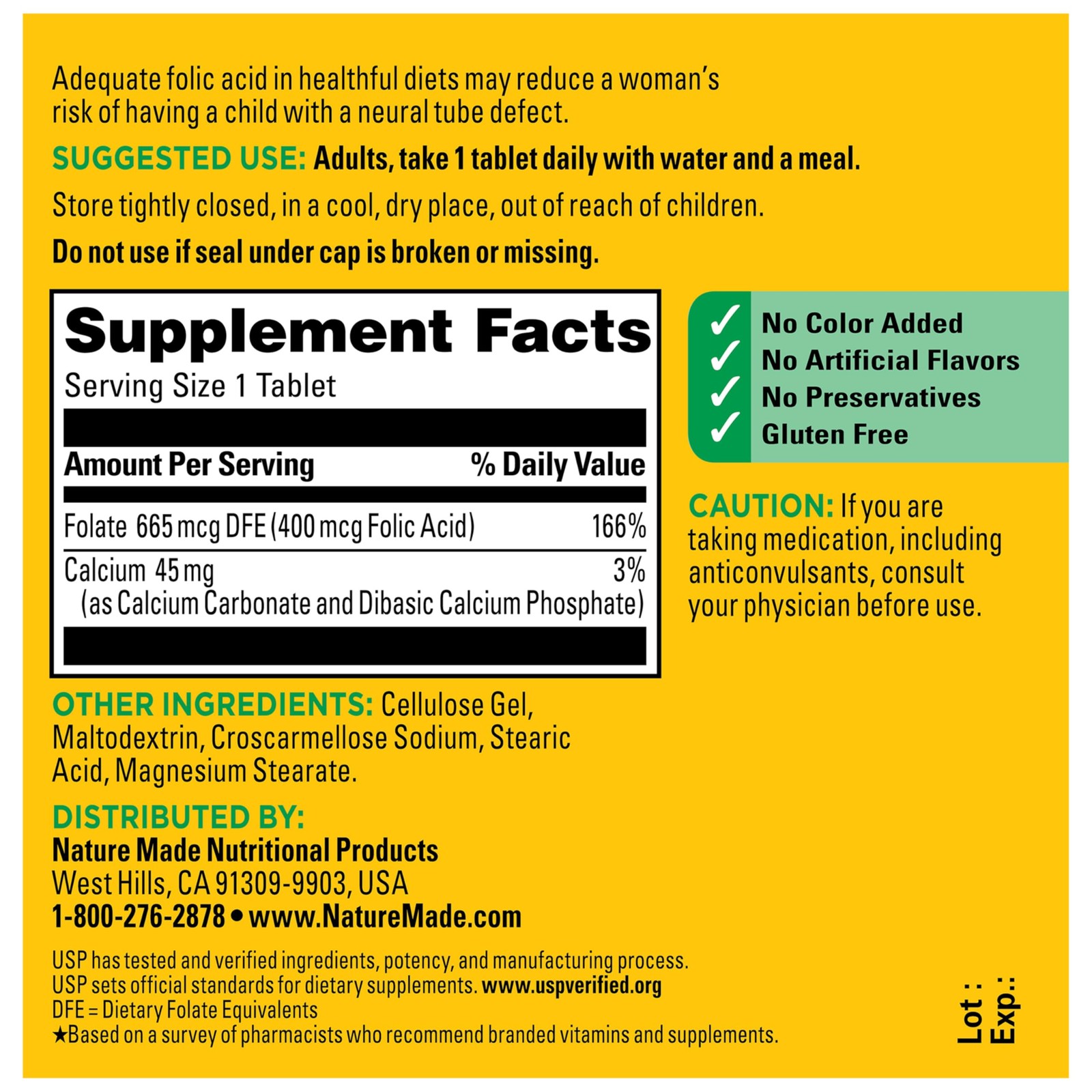 Folic Acid 400 mcg (665 mcg DFE) Dietary Supplement for Nervous System Function,