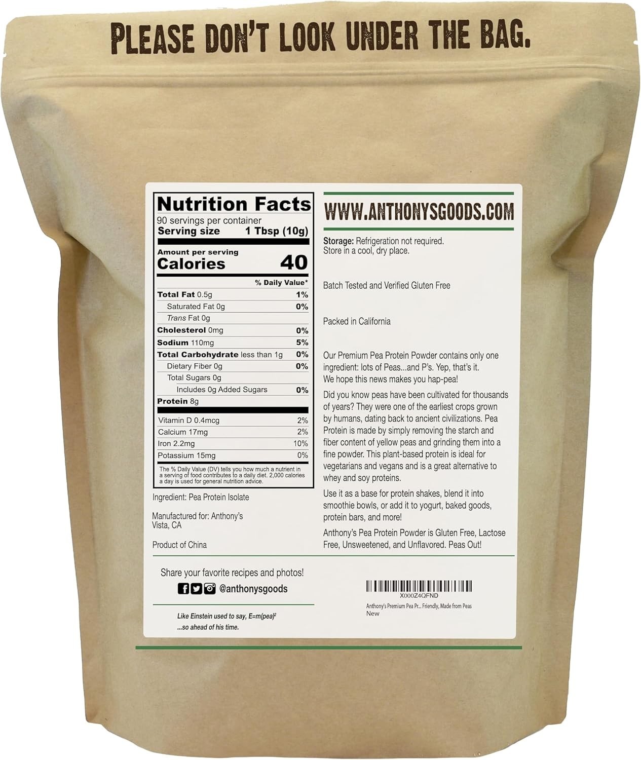 2lb Pea Protein Isolate Unflavored Keto Friendly Plant Based Shake