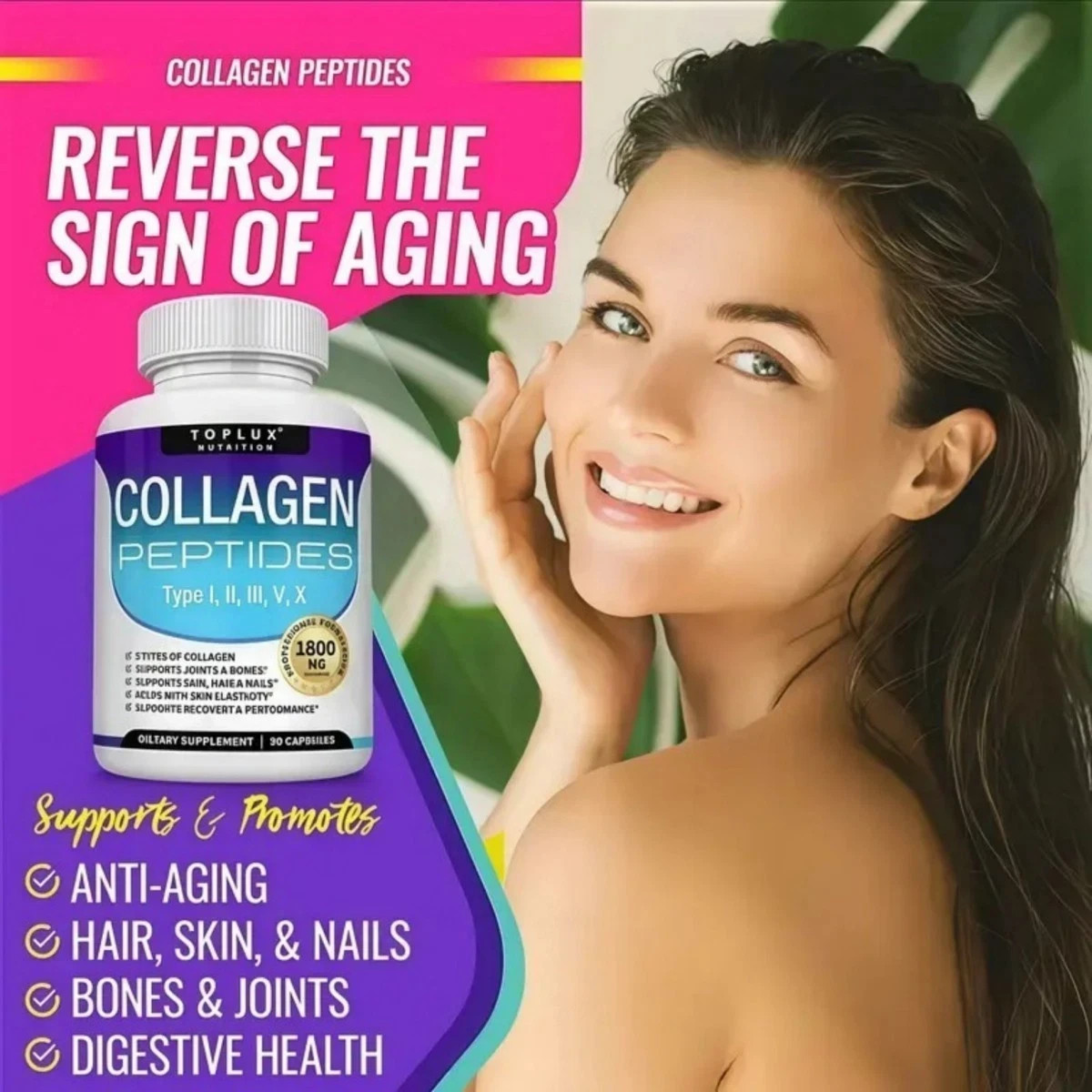 Toplux Collagen Peptides – with Multi-Type Collagen & Vitamins- 90 Capsules