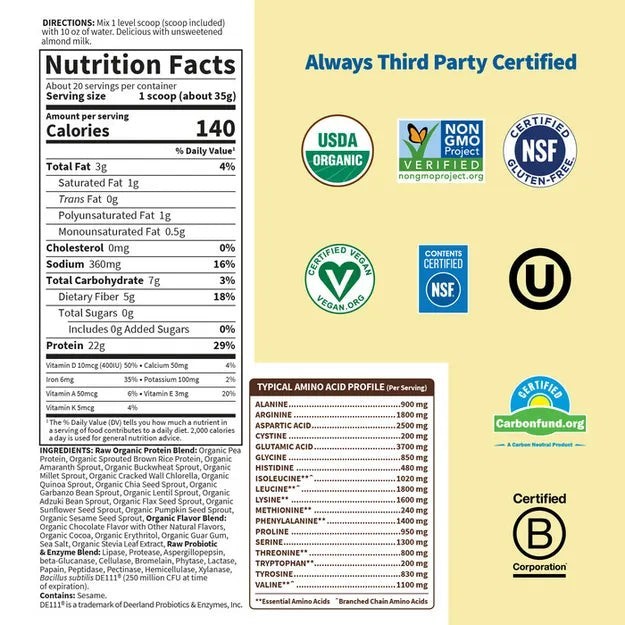 2pack Garden of Life Raw Organic Vegan Protein Powder Chocolate 24.69 oz Non-GMO