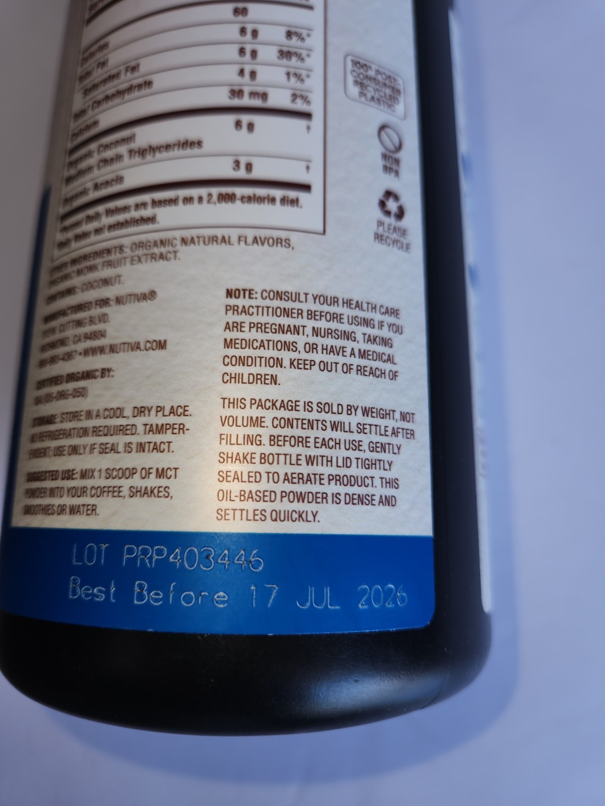 Organic MCT Powder Vanilla NUTIVA 10.6 oz BB 7/2026 NEW