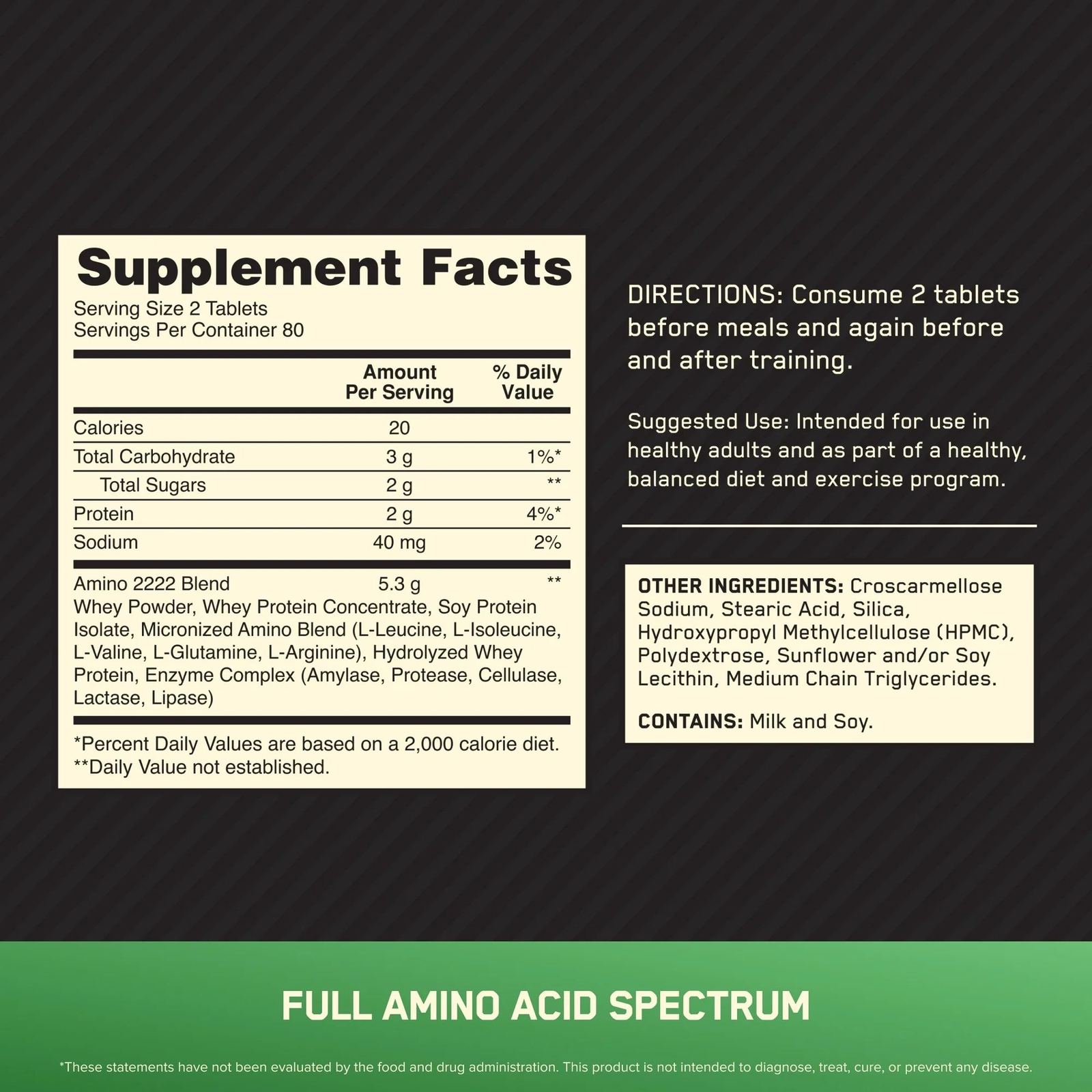 Optimum Nutrition Superior Amino 2222 Tablets, Essential Amino Acids, 160 Count