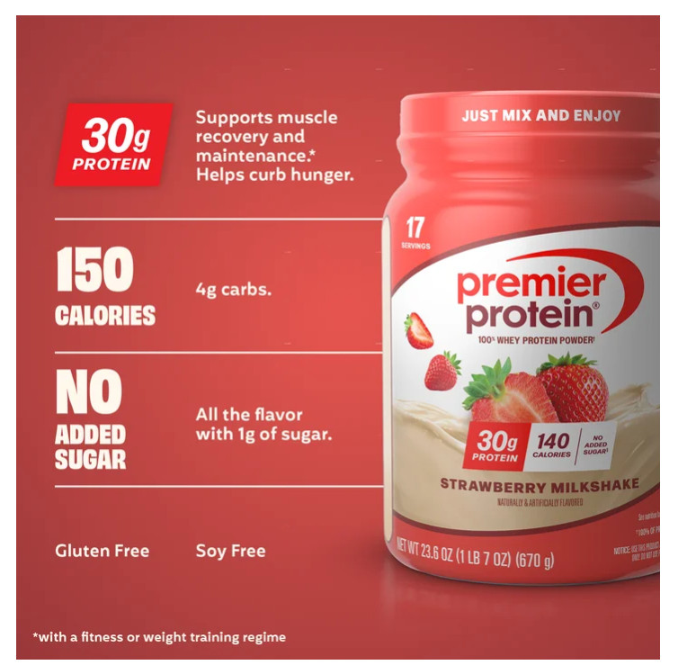 Premier Protein Whey Powder Strawberry Milkshake 1.7lb 30g Protein