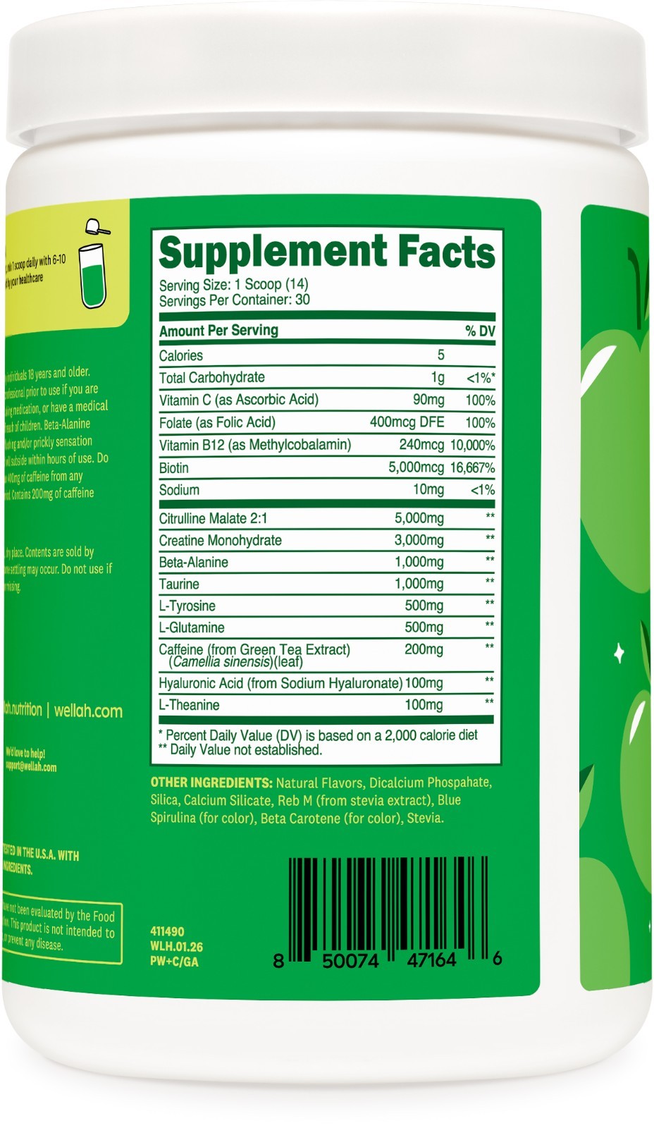 Wellah Pre-Workout + Creatine Powder (30 Servings) Green Apple – 200mg Caffeine