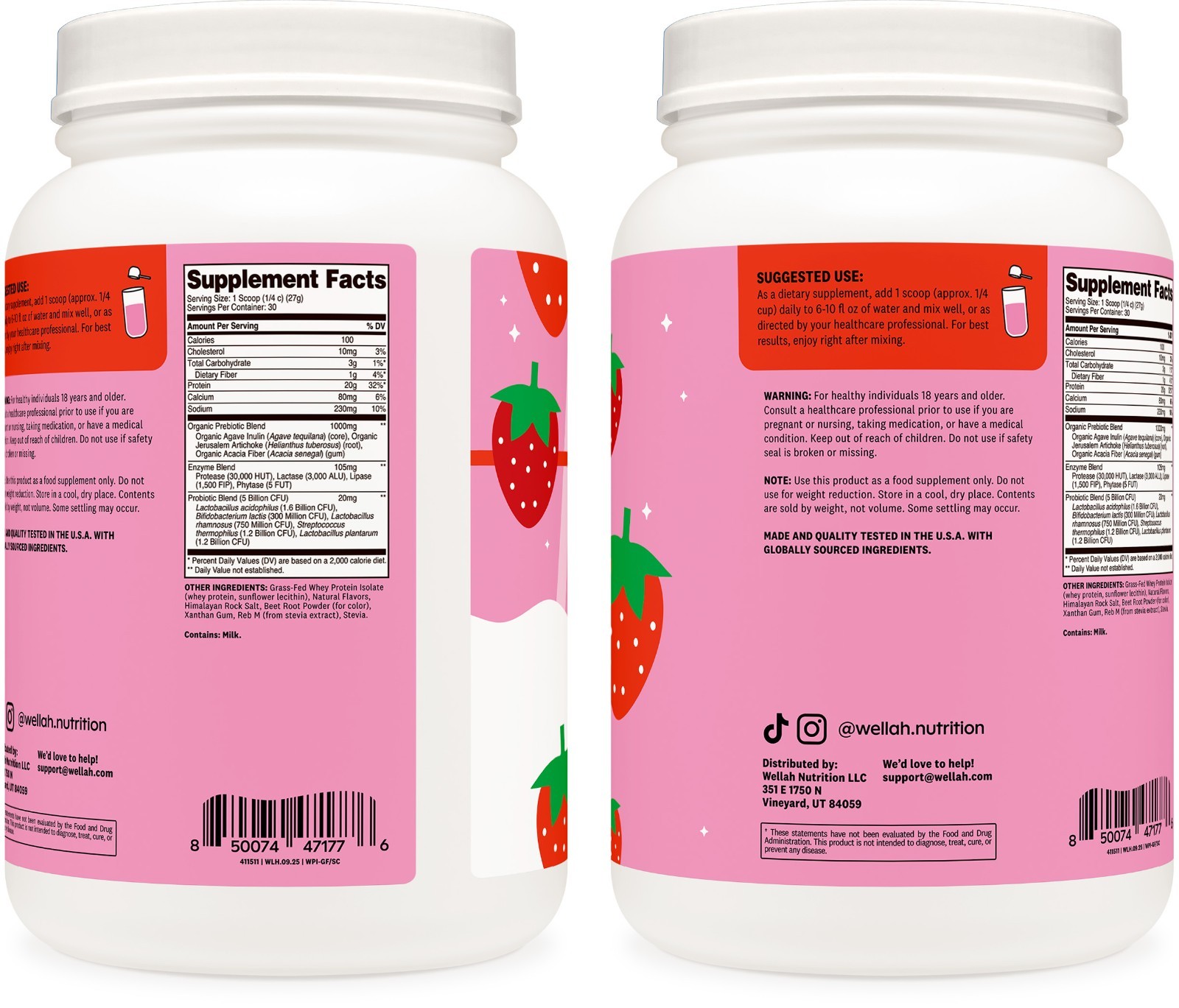 Wellah Grass-Fed Whey Protein Isolate Powder (Strawberries and Cream) 30 Serving