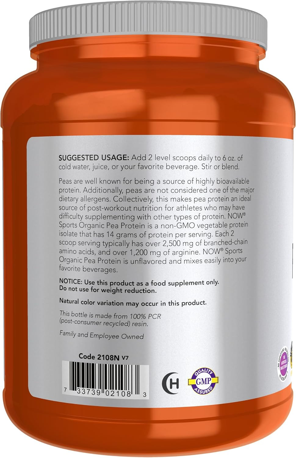 Sports Nutrition, Certified Organic Pea Protein 15 Grams, Unflavored Powder, 1.5