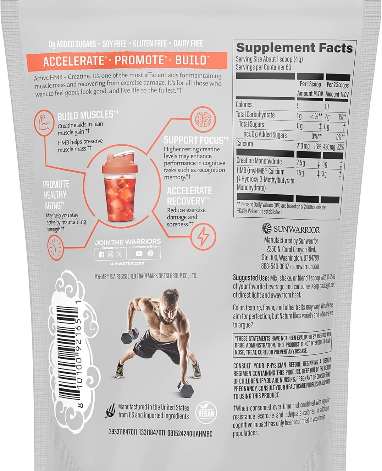Sunwarrior HMB + Creatine Monohydrate Powder Micronized PreWorkout Leucine, 240g