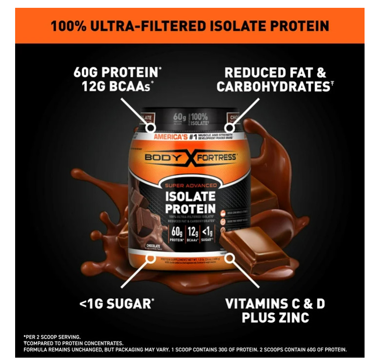 Body Fortress Super Advanced Whey Isolate Chocolate 1.5lb 60g Protein