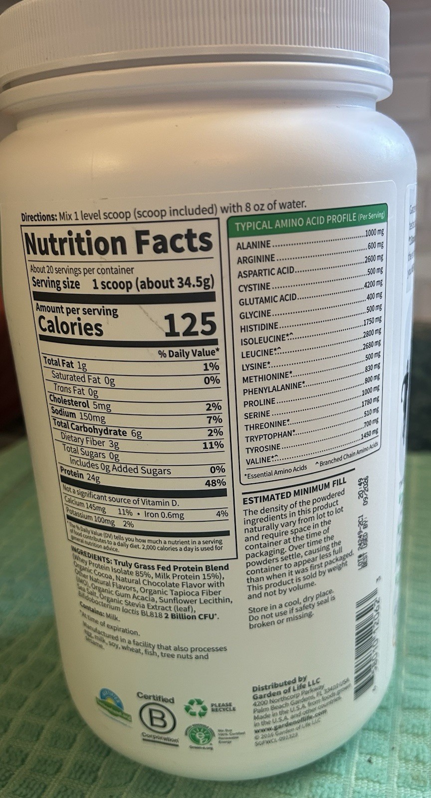 Garden of Life Sport Whey Protein Powder NSF Sport Grass Fed Chocolate 24.33 oz