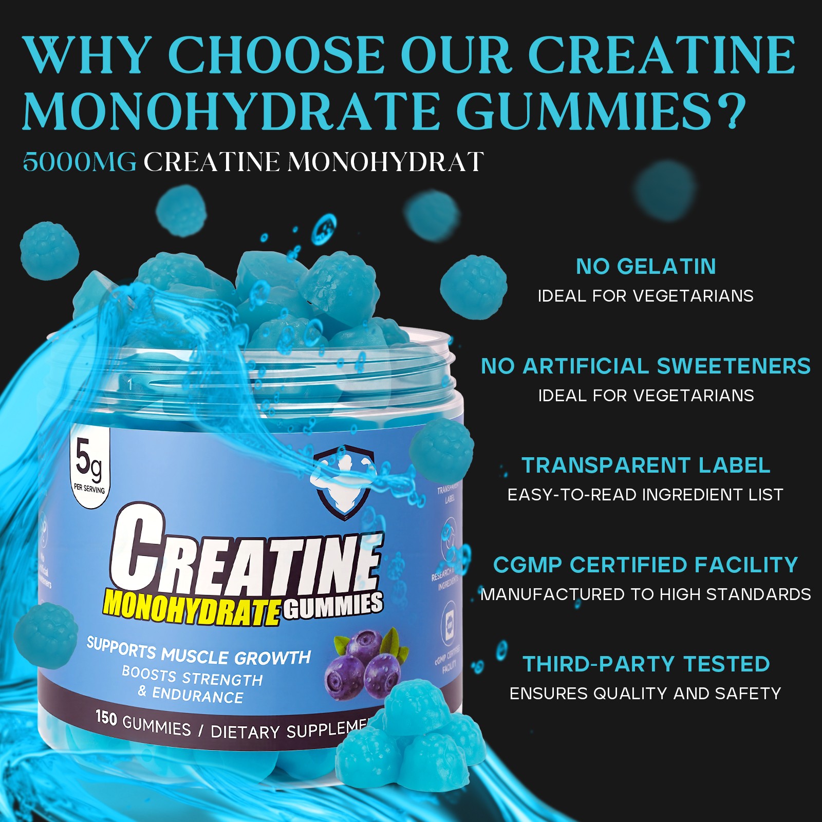 Supports Muscle Growth Creatine Monohydrate Gummies with 5g Per Serving