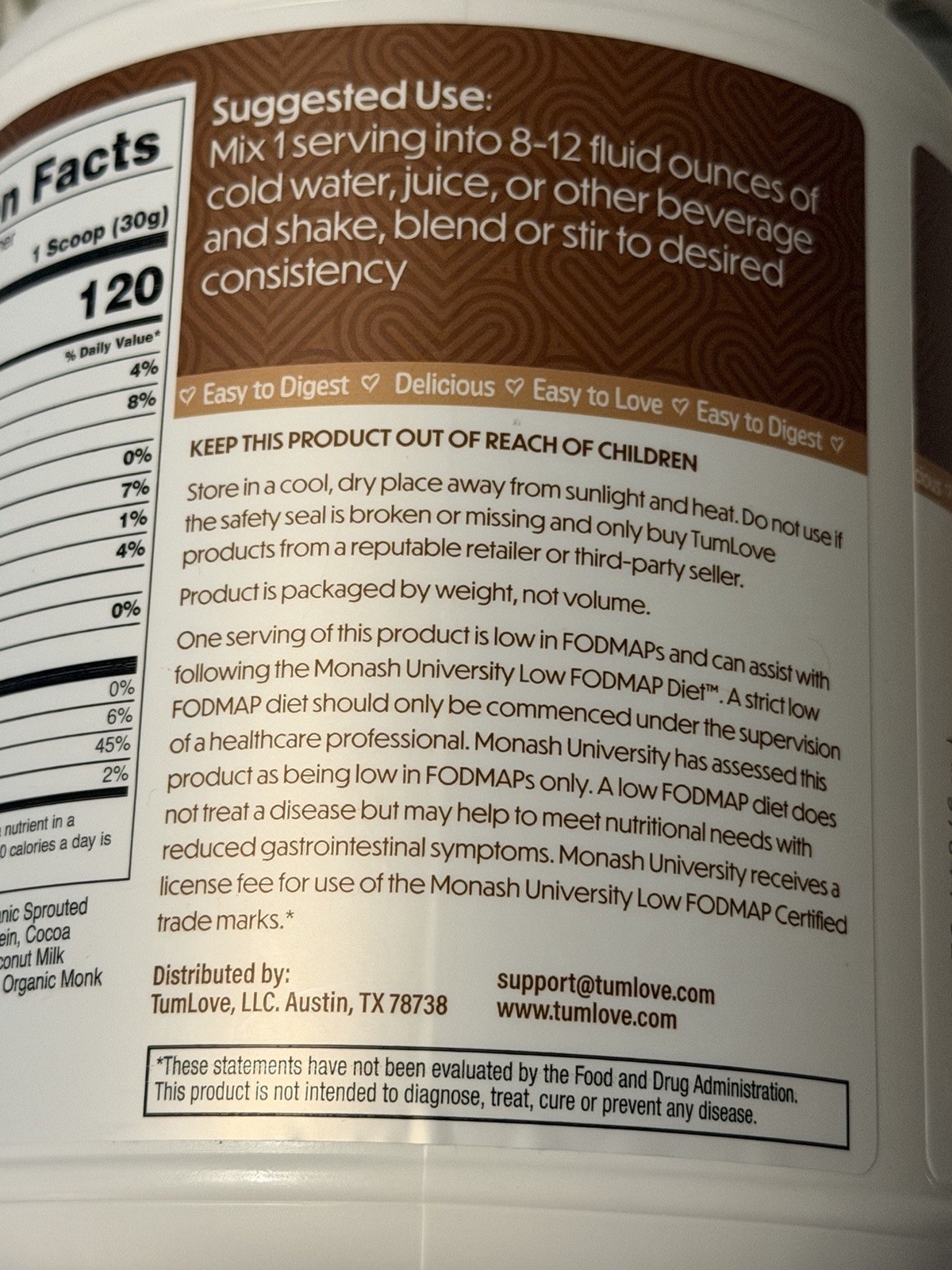 TumLove Vegan Protein Powder Chocolate 1.65 lbs Gluten Free Soy Free Low Fodmap