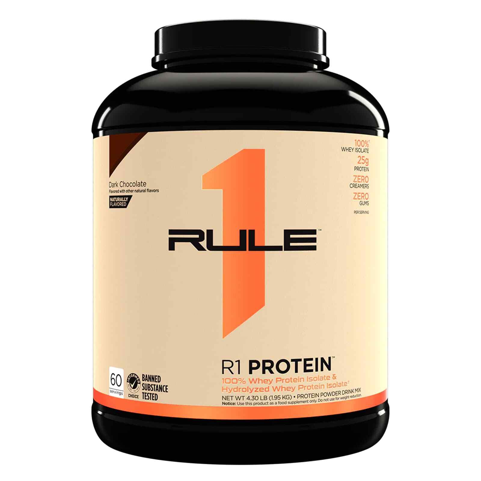RULE 1 Protein 60 serv Dark Chocolate Whey Protein Isolate Hydrdolysate 4.3 lb