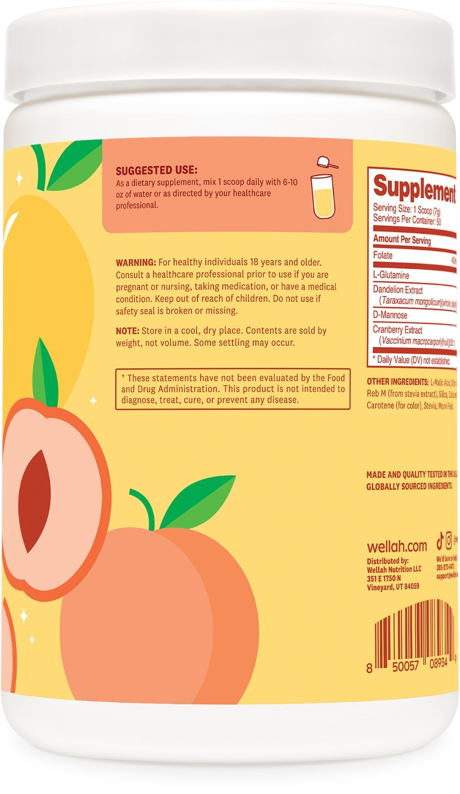 Wellah L-Glutamine Peach Mango (50 Servings) – 5g L-Glutamine Per Serving, Sweet