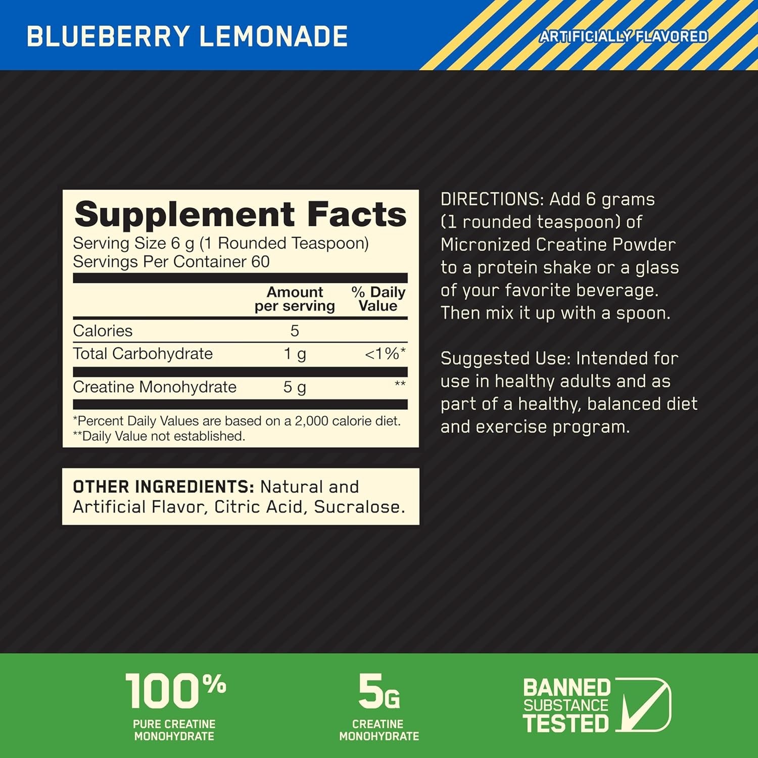 Micronized Creatine Monohydrate Powder – Blueberry Lemonade, 60 Servings