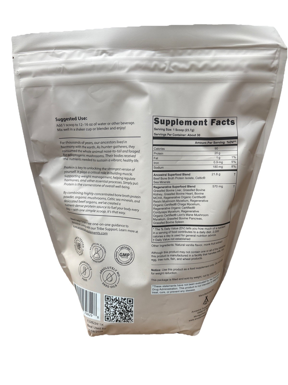 Ancestral Supplements Grass Fed Protein Powder, Vanilla Exp: 10/08/2026