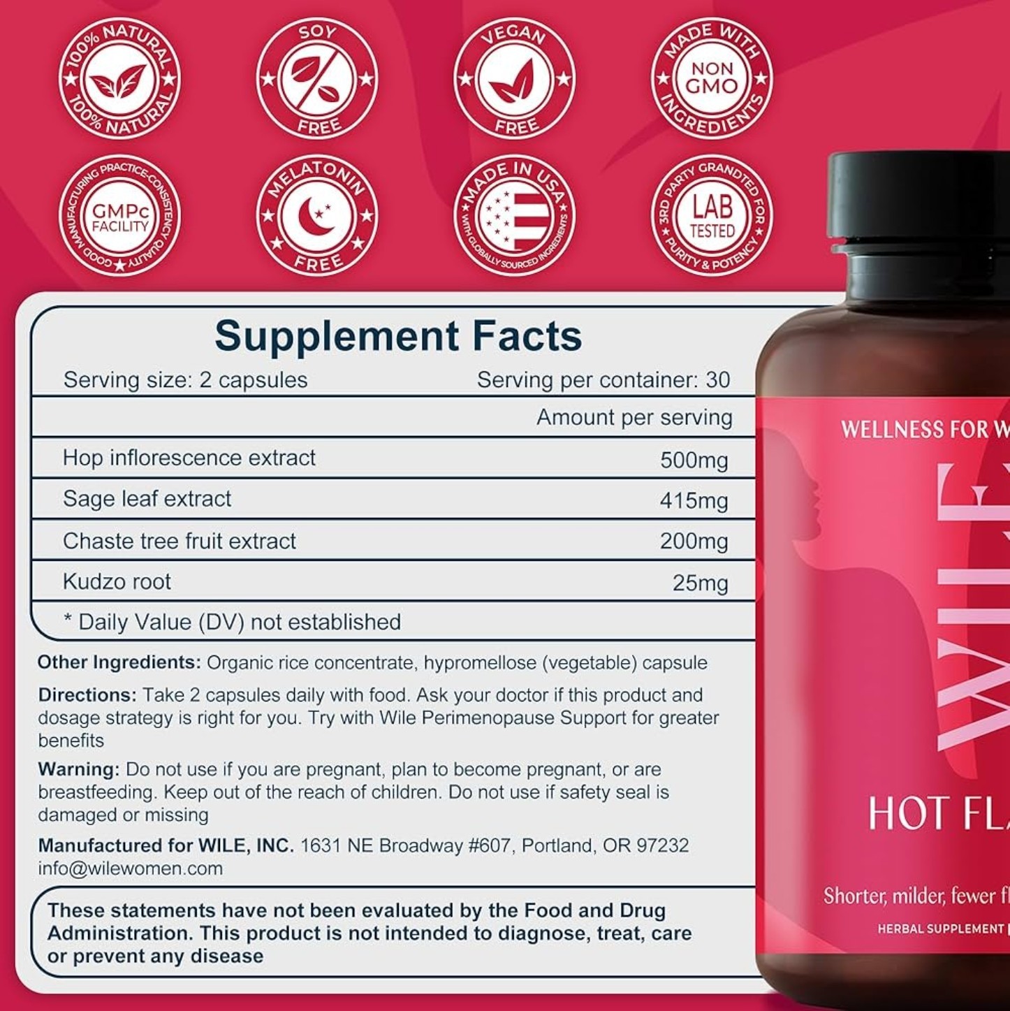 WILE HOT FLASH SUPPORT Hot Flash & Night Sweats 60 Caps (30 Serv) BEST BY 05/26