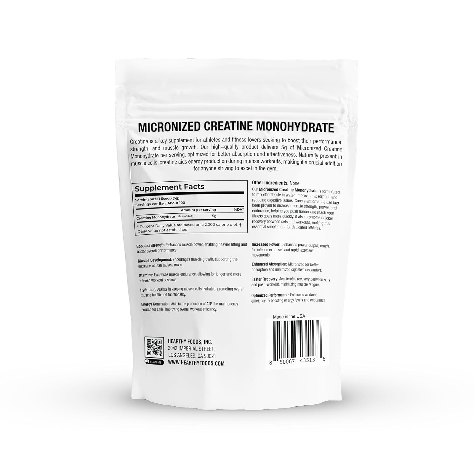 HEARTHY FOODS Creatine Monohydrate Powder 500G Unflavored 100 Servings