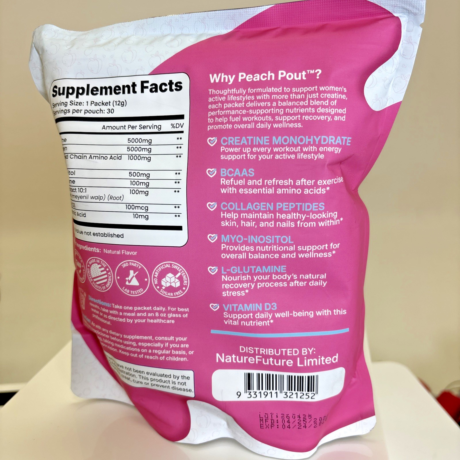 YESNAP PeachPout Creatine for Women 5g Collagen BCAA Peach 30 Packets