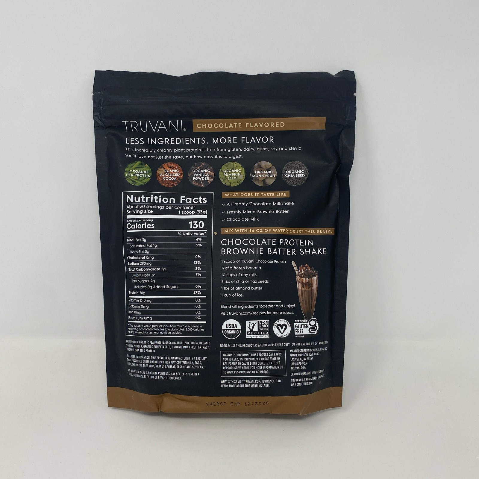 Truvani Chocolate Plant Protein Powder 23.63 oz – Exp 12/2020