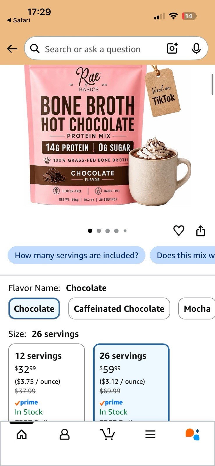 Rae Basics Bone Broth Protein Powder Chocolate 19.2 oz 26 Serv Keto GF