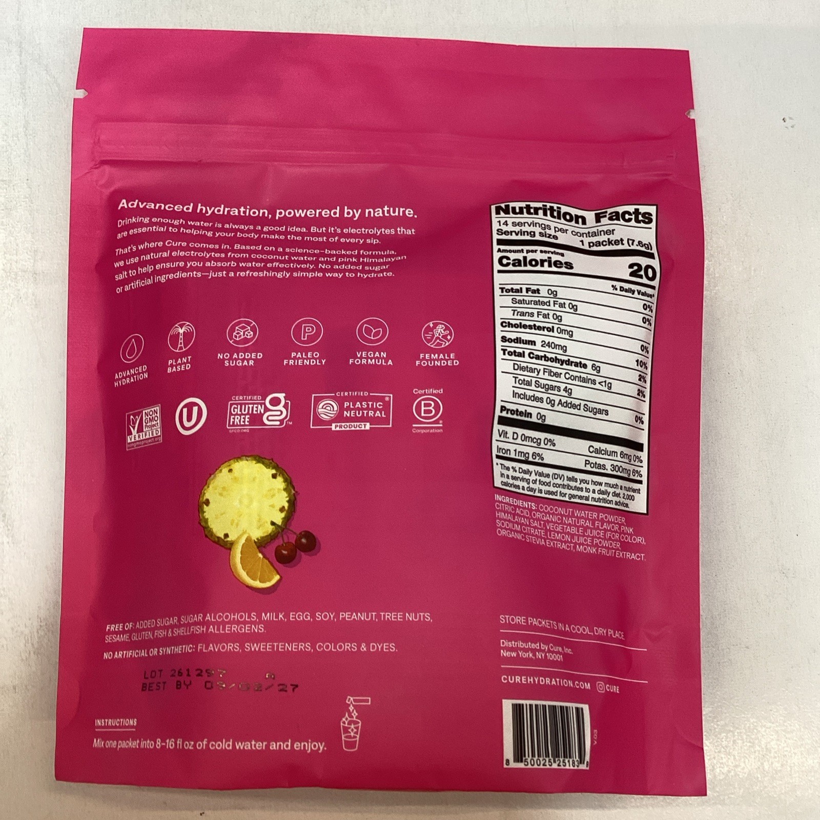 2x Cure Hydration Electrolyte Drink Mix Tropical Punch 0.27 Ounce 14/Pack