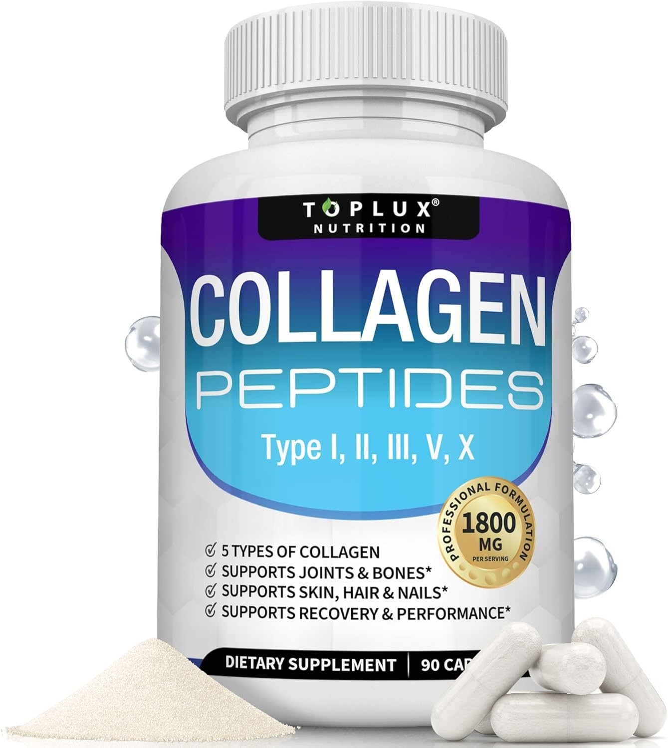 Toplux Multi Collagen Peptides Pills 1800 Mg III W/ Type I II Complex V X 90Cap
