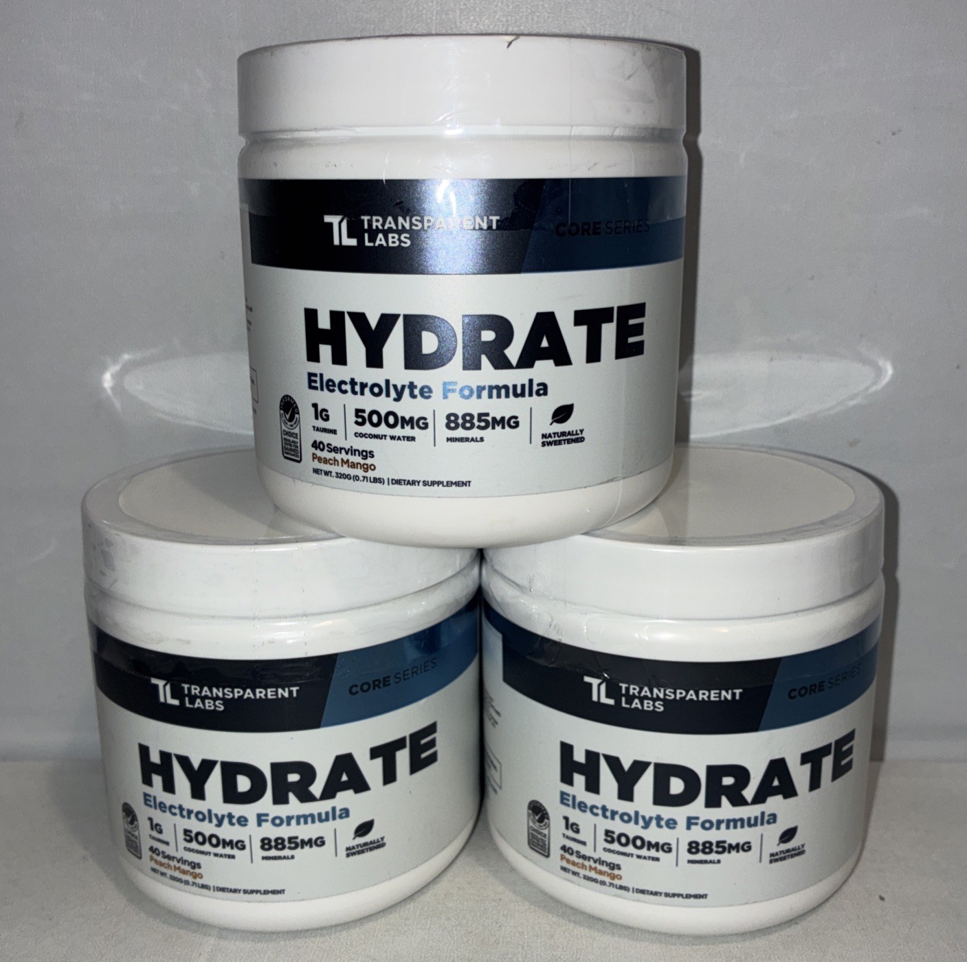 Lot Of 3-Transparent Labs Hydrate Electrolyte Formula Peach Mango/40 Servings Ea