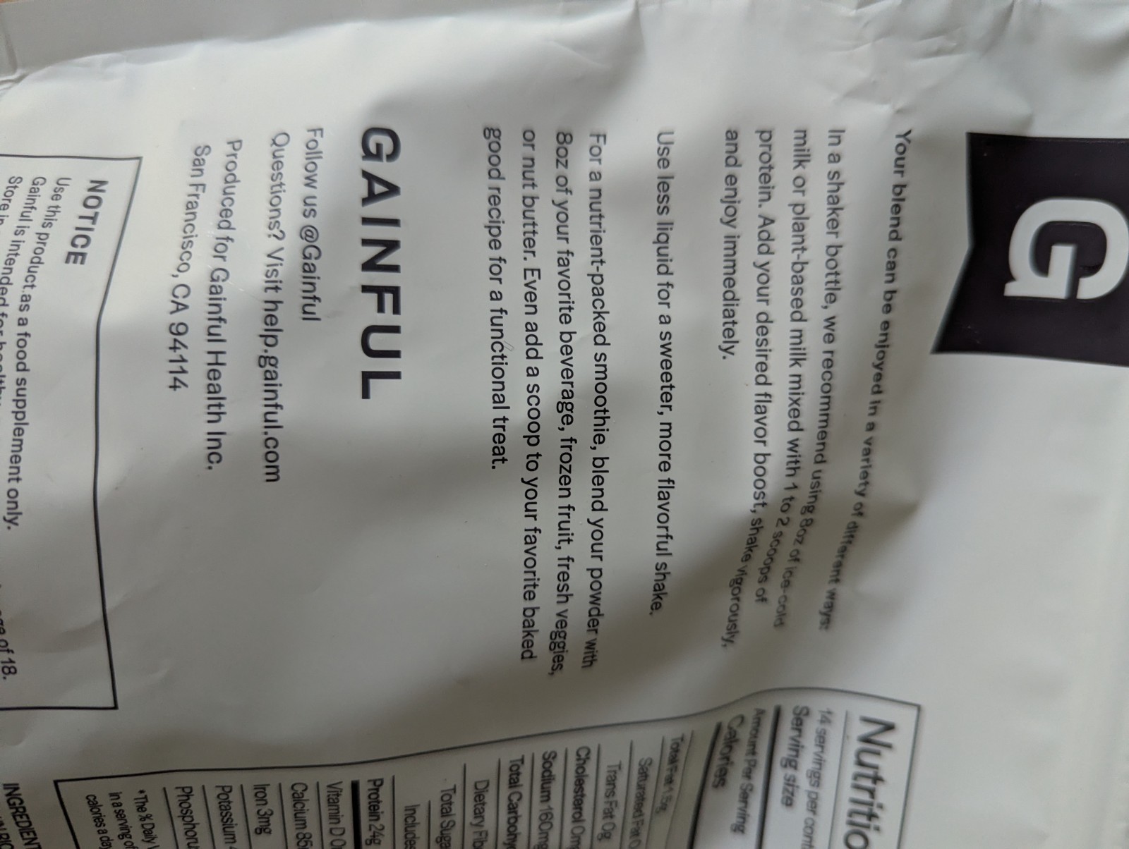 Gainful Bag of Pea Protein- single bag, Gluten Free, Sugar Free, Soy Free 420g