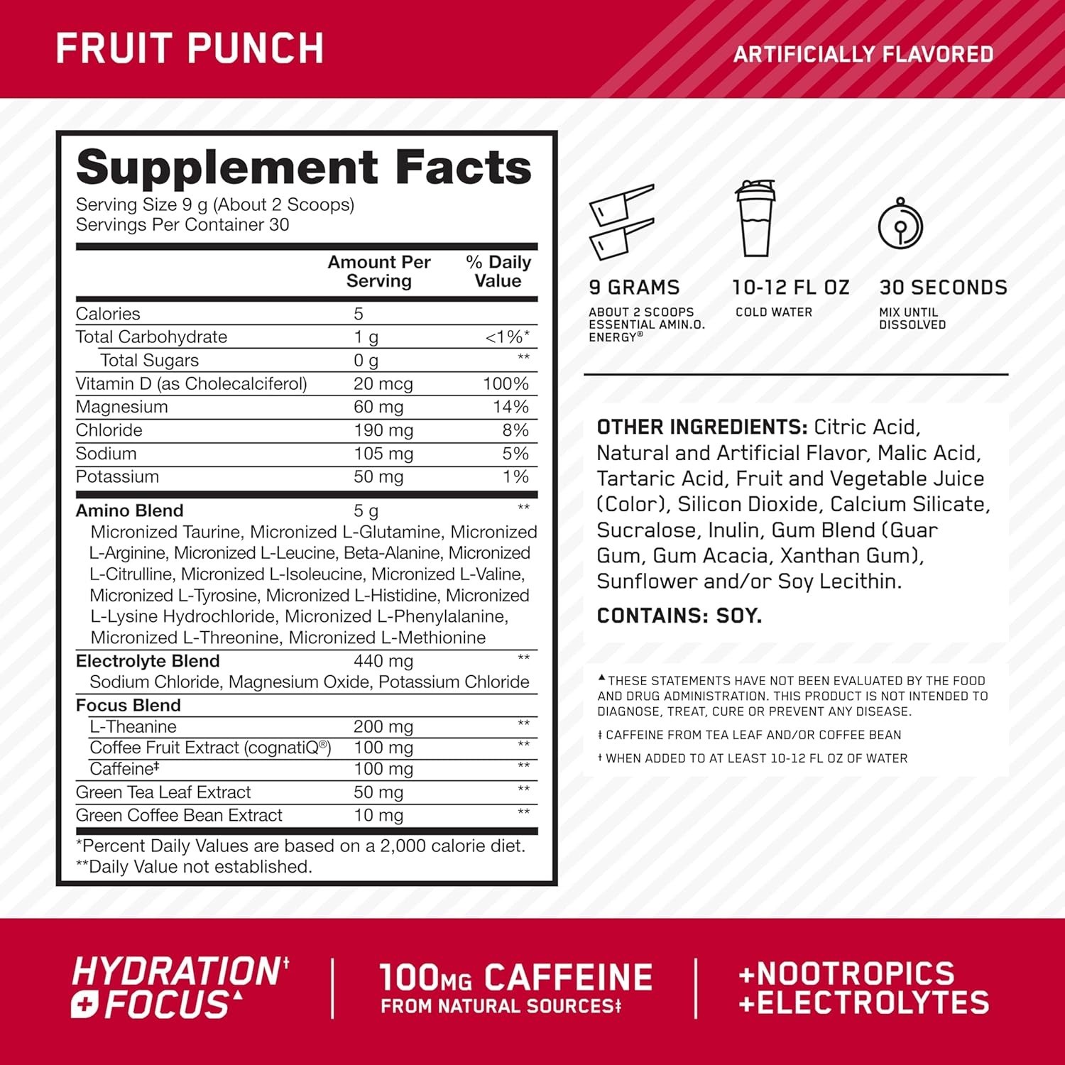 Enhanced Amino Energy & Focus Powder – Sugar-Free BCAA & Caffeine, 30 Servings