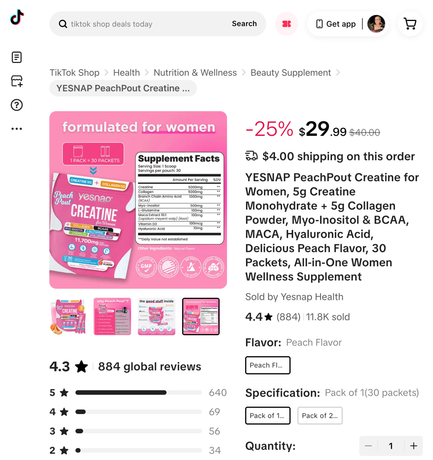 YESNAP PeachPout Creatine for Women 5g Collagen BCAA Peach 30 Packets