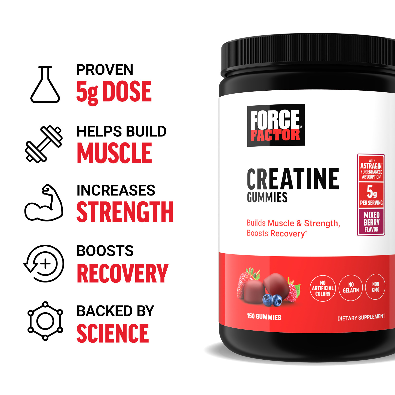 Force Factor Creatine Gummies, Creatine Monohydrate for Muscle Gain, 5g Dose