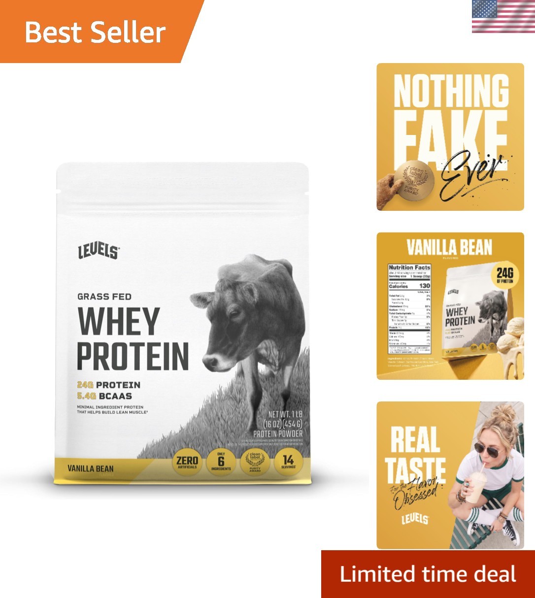 Clean & Gluten-Free Grass Fed Whey Protein, 24g Protein, Vanilla Flavor, 1LB