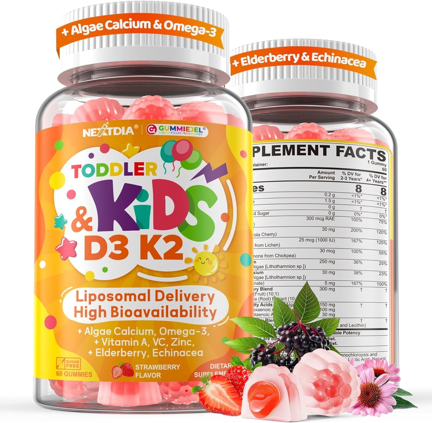 Toddler 2-3 & Kids Vitamin D3 K2 + Algae Calcium Filled Gummies, 1000 IU / 2000
