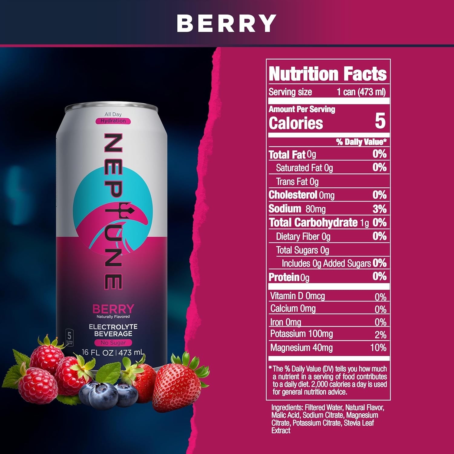 Neptune – Sugar Free, Hydration Drink With Electrolytes – Berry (12 x 16oz Cans)