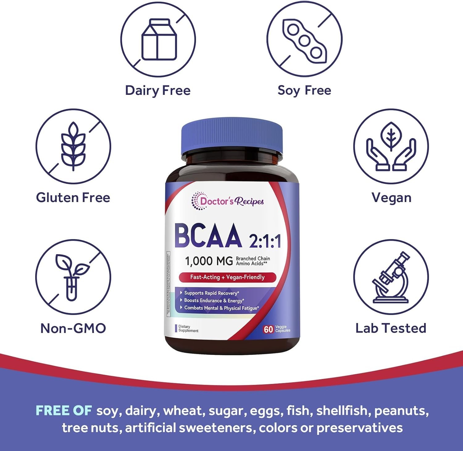 Doctors Recipes BCAA 1000 mg, 211 Ratio, L-Leucine, L-Isoleucine, L-Valine, B…