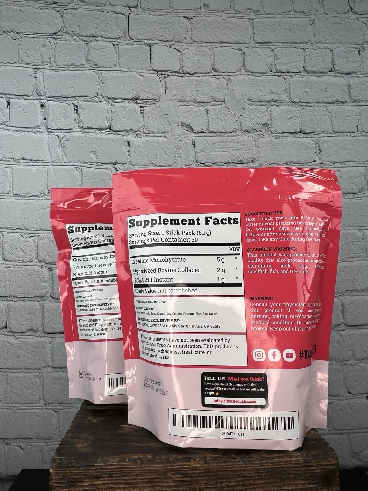 Old School Labs Creatine BCAA Collagen Stick Packs – 2 Bags- 60 Stick Packs