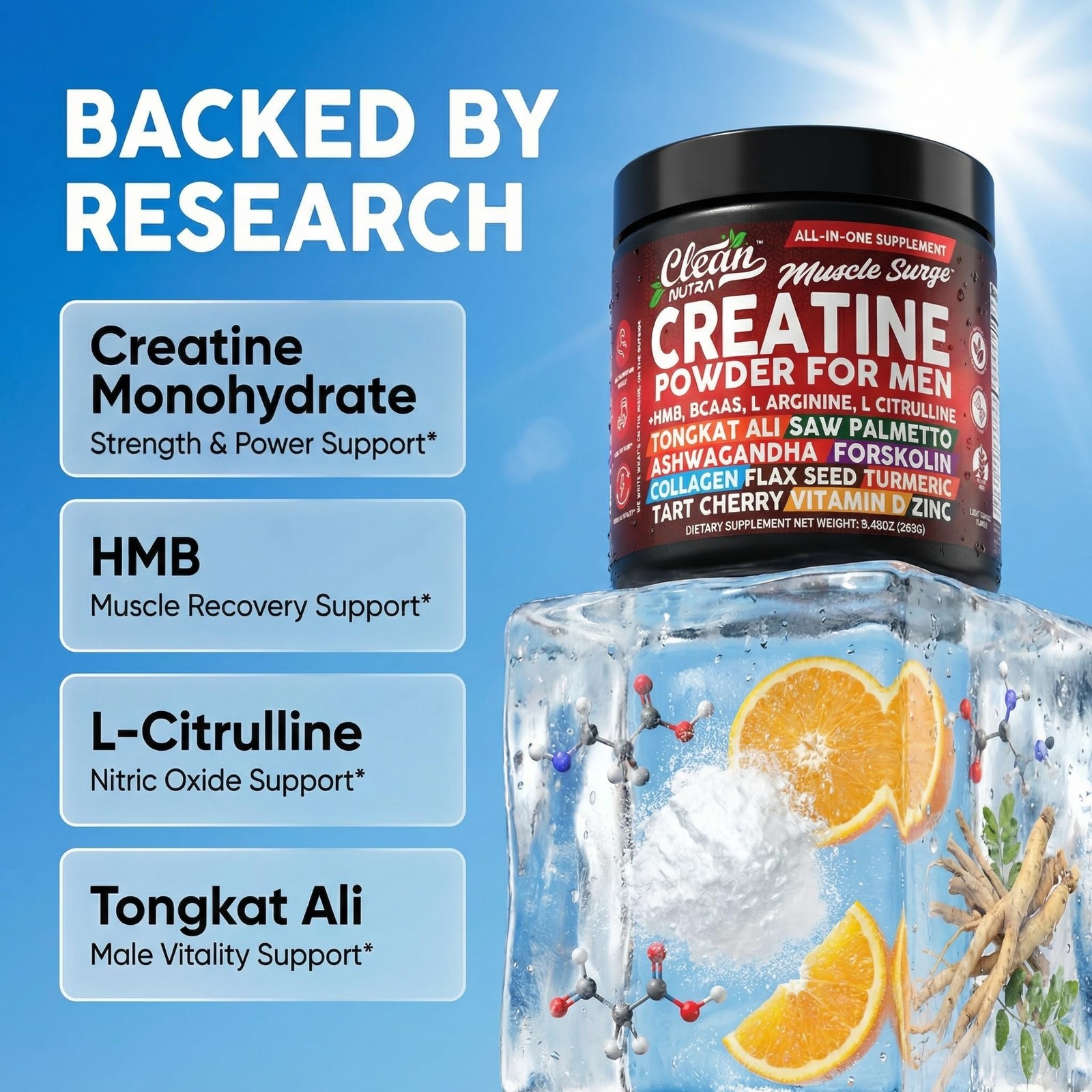 Clean Nutra Creatine Powder for Men + HMB BCAA L 9.87 Ounce (Pack of 1), Red