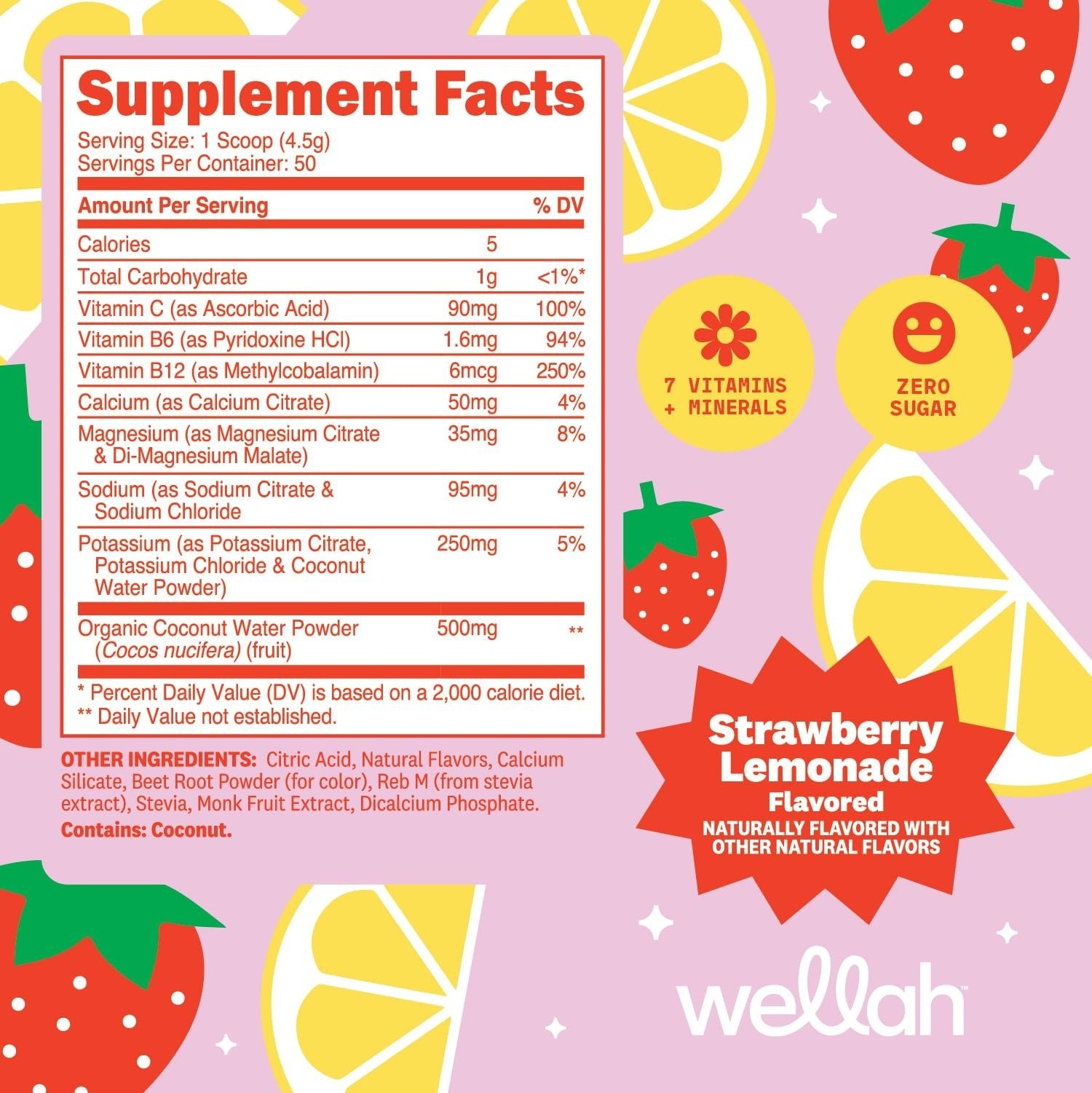Wellah Electrolytes Powder Strawberry Lemonade 50 Servings Hydration Mix