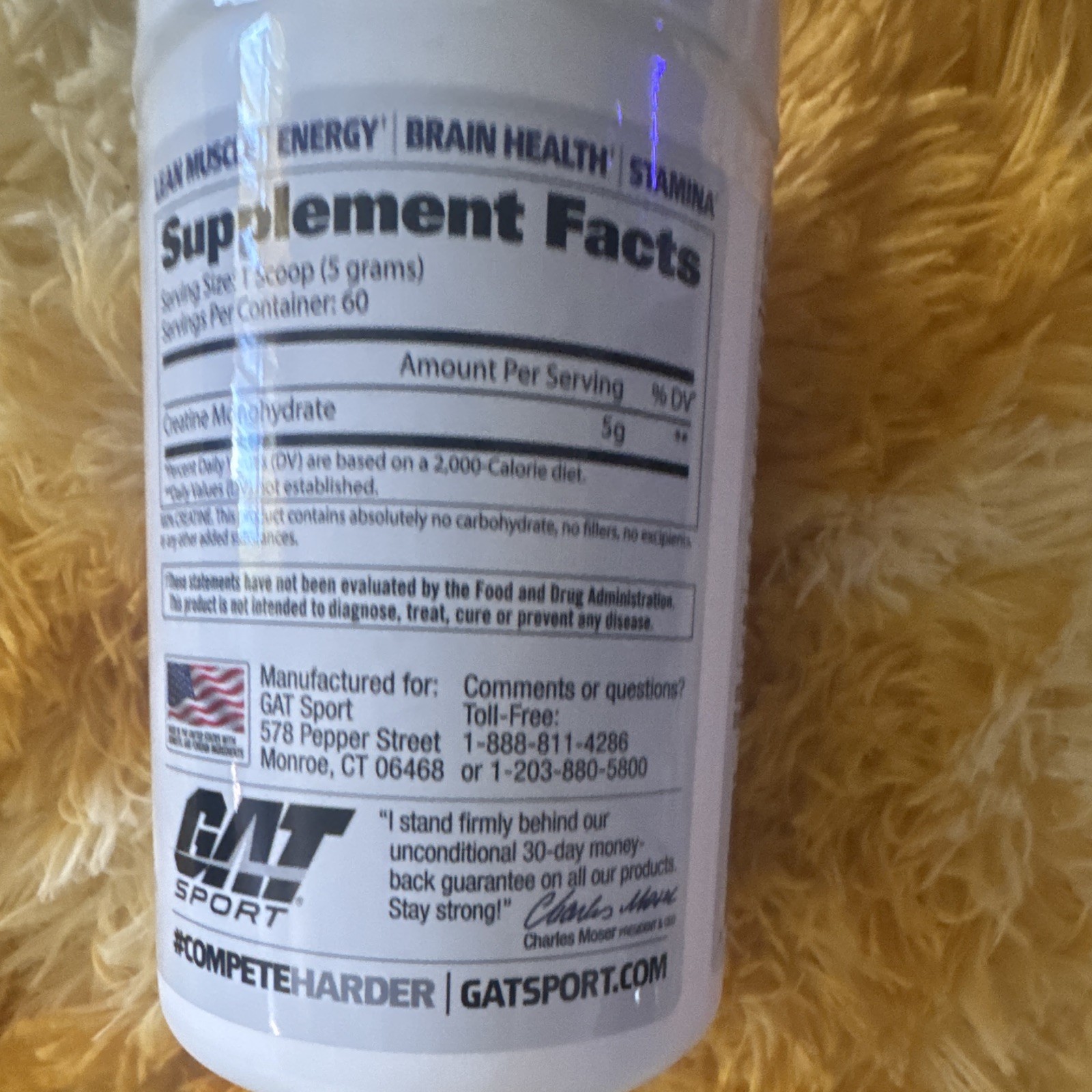 GAT Sport Creatine Monohydrate Powder Micronized Unflavored 300g 60 Sv 5g