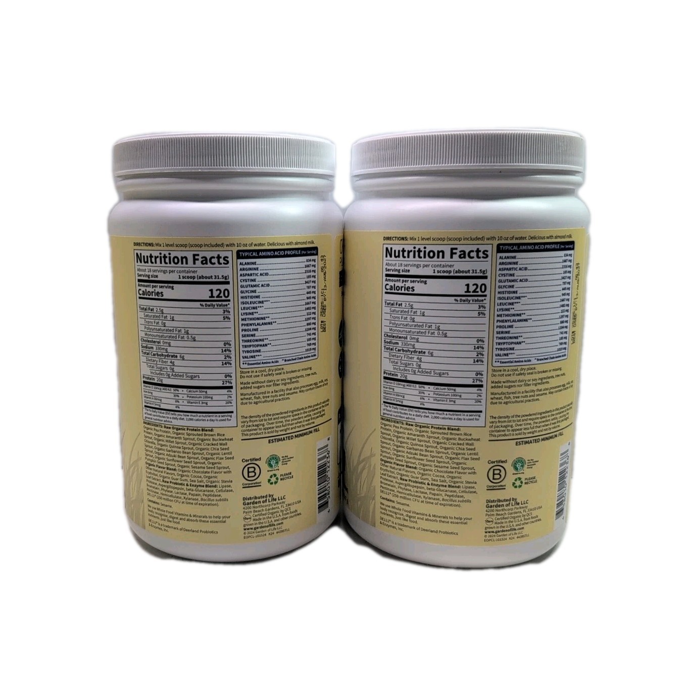 (2) Garden of Life Organic Protein Plant Based Powder CHOCOLATE, 20 oz, 08/13/27