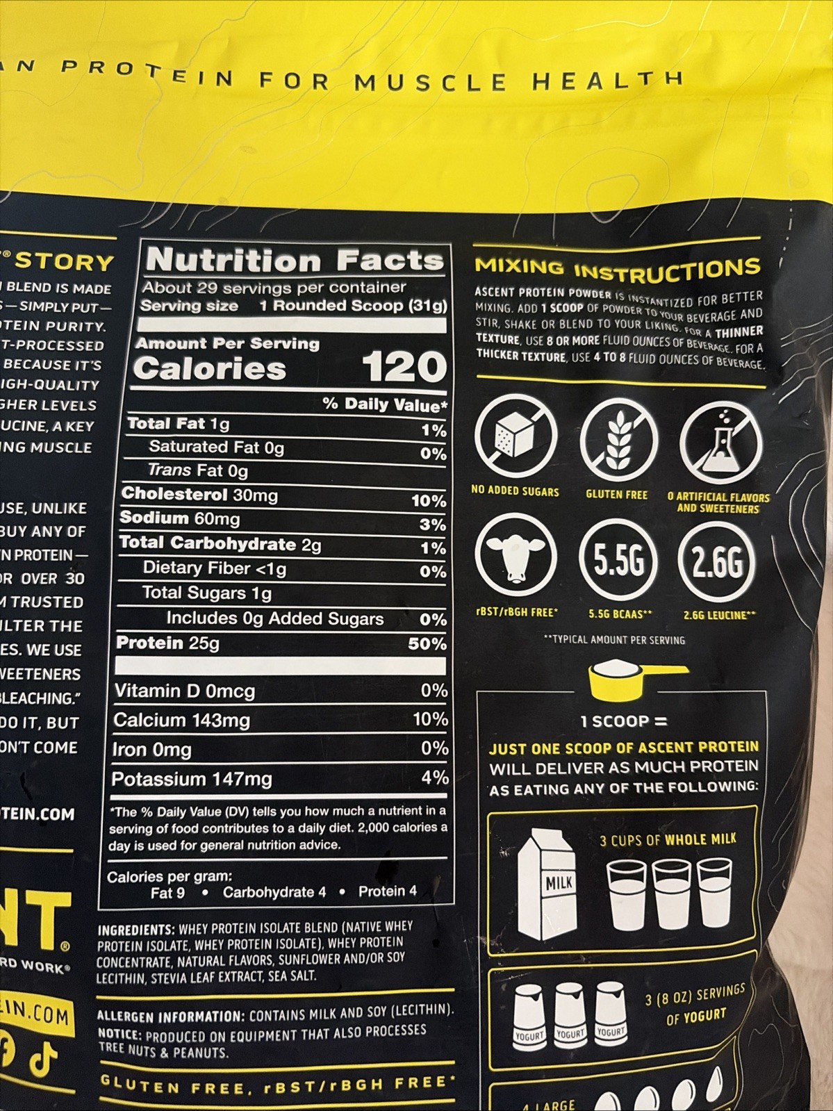 Ascent 100% Whey Protein Powder Post Workout Vanilla Bean 2 lb 02/04/2027